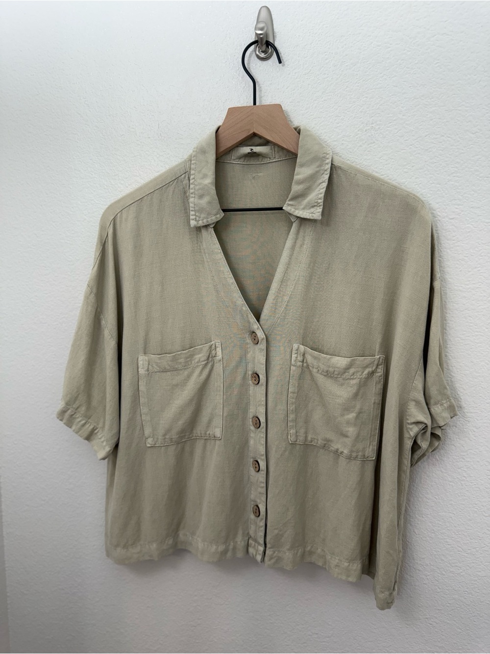Rip Curl Crop Button-Up Shirt Oversized Green Medium Linen Blend